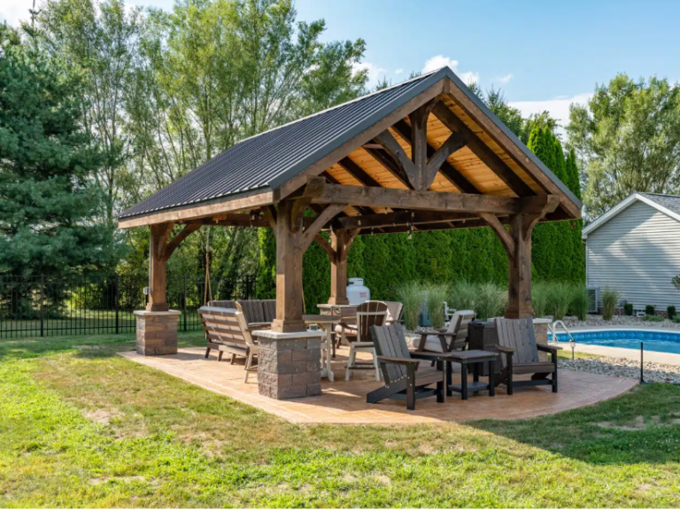 Natural and rustic timberframe structure for outdoor grilling, parties, etc.
